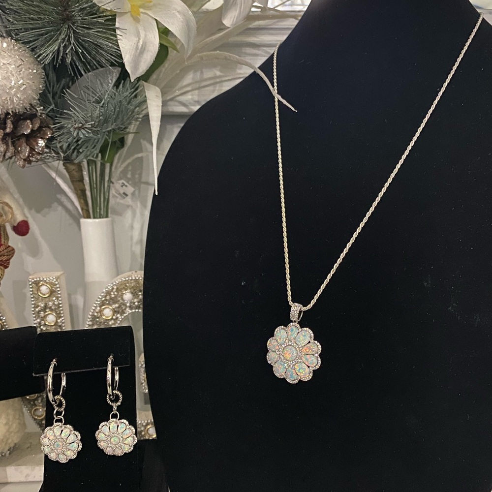 Lab Created Opal CZ Sterling Silver Flower Necklace